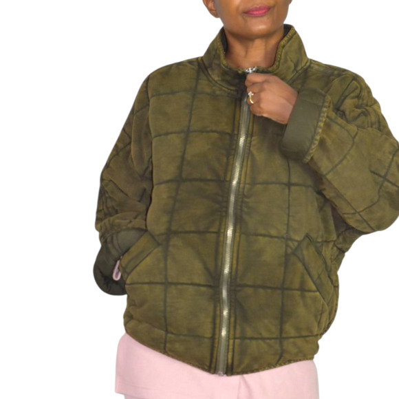 Free People Dolman Quilted Knit Jacket Green Olive Bomber Oversizes Cotton XS - Picture 11 of 16